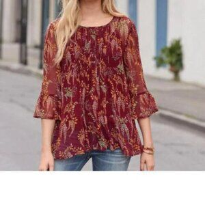 Sundance Winthrop Garden Blouse Top Sheer Floral Printed Pintuck L